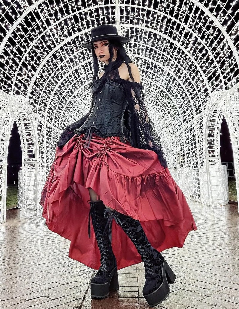 Scarlet Darkness Renaissance Maxi Skirts for Women Steampunk Victorian Skirts Hig-Low Pirate Costume Wine S - Image 3